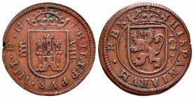 Philip IV (1621-1665). 8 maravedis. 1622. Segovia. (Cal-387). Ae. 6,46 g. Choice VF/VF. Est...40,00. 

Spanish description: Felipe IV (1621-1665). 8...