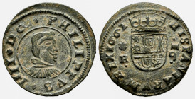 Philip IV (1621-1665). 16 maravedis. 1662. Coruña. R. (Cal-451). Ae. 3,99 g. Scallop on the left. Almost XF. Est...60,00. 

Spanish description: Fel...