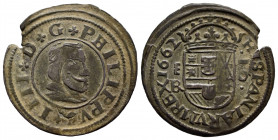 Philip IV (1621-1665). 16 maravedis. 1662. Segovia. BR. (Cal-488). (Jarabo-Sanahuja-523). Ae. 3,81 g. Planchet defect. VF/Choice VF. Est...25,00. 

...