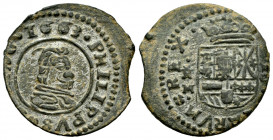 Philip IV (1621-1665). 16 maravedis. 1663. Trujillo. M. (Cal-506). Ae. 3,95 g. Struck lightly displaced. It retains some original silvering. Almost XF...