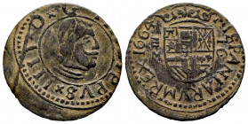 Philip IV (1621-1665). 16 maravedis. 1664. Valladolid. M. (Cal-511). Ae. 3,97 g. Choice F/Almost VF. Est...25,00. 

Spanish description: Felipe IV (...