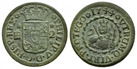 Philip V (1700-1746). 2 macutas. 1744. Segovia. (Cal-73). Ag. 3,59 g. Choice VF. Est...25,00. 

Spanish description: Felipe V (1700-1746). 2 macutas...
