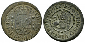 Philip V (1700-1746). 2 maravedis. 1746. Segovia. (Cal-75). Ae. 3,20 g. Almost VF. Est...20,00. 

Spanish description: Felipe V (1700-1746). 2 marav...