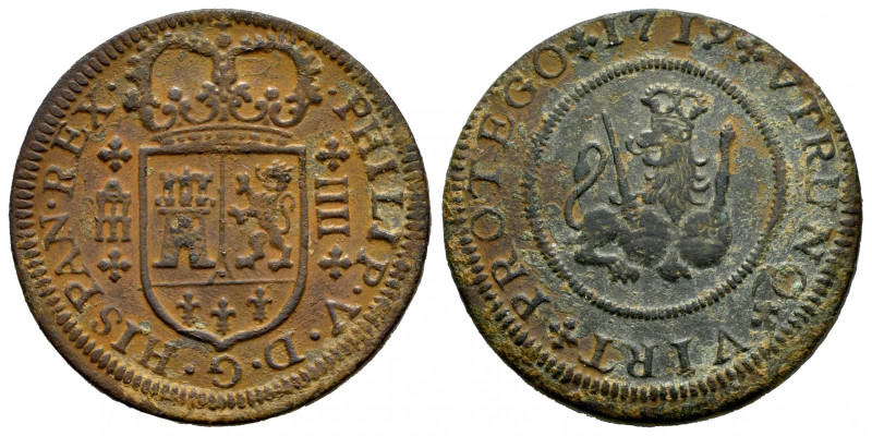 Philip V (1700-1746). 4 maravedis. 1719. Segovia. (Cal-92). Ae. 9,54 g. Choice V...