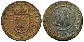 Philip V (1700-1746). 4 maravedis. 1719. Segovia. (Cal-92). Ae. 9,54 g. Choice VF. Est...40,00. 

Spanish description: Felipe V (1700-1746). 4 marav...