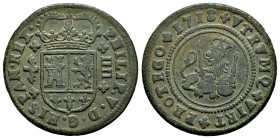Philip V (1700-1746). 4 maravedis. 1718. Valencia. (Cal-98). Ae. 6,95 g. VF. Est...35,00. 

Spanish description: Felipe V (1700-1746). 4 maravedís. ...