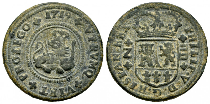 Philip V (1700-1746). 4 maravedis. 1719. Zaragoza. (Cal-101). Ae. 10,01 g. VF. E...