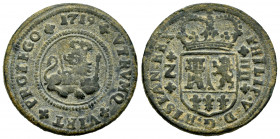 Philip V (1700-1746). 4 maravedis. 1719. Zaragoza. (Cal-101). Ae. 10,01 g. VF. Est...35,00. 

Spanish description: Felipe V (1700-1746). 4 maravedís...