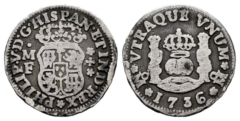 Philip V (1700-1746). 1/2 real. 1736. México. MF. (Cal-257). Ag. 1,53 g. Choice ...