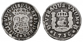 Philip V (1700-1746). 1/2 real. 1736. México. MF. (Cal-257). Ag. 1,53 g. Choice F. Est...35,00. 

Spanish description: Felipe V (1700-1746). 1/2 rea...