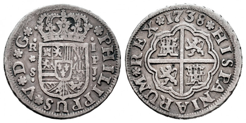 Philip V (1700-1746). 1 real. 1738. Sevilla. PJ. (Cal-661). Ag. 2,74 g. Almost V...