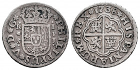 Philip V (1700-1746). 1 real. 1738. Sevilla. PJ. (Cal-661). Ag. 2,74 g. Almost VF. Est...20,00. 

Spanish description: Felipe V (1700-1746). 1 real....