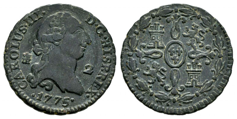 Charles III (1759-1788). 2 maravedis. 1775. Segovia. (Cal-38). Ae. 2,33 g. VF. E...