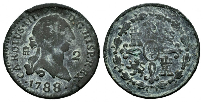 Charles III (1759-1788). 2 maravedis. 1788/7. Segovia. (Cal-47). Ae. 2,34 g. Cho...