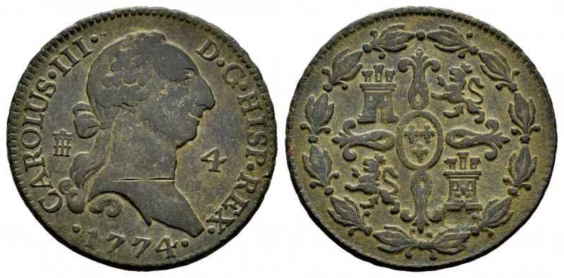 Charles III (1759-1788). 4 maravedis. 1774. Segovia. (Cal-54). Ae. 5,12 g. Scrat...