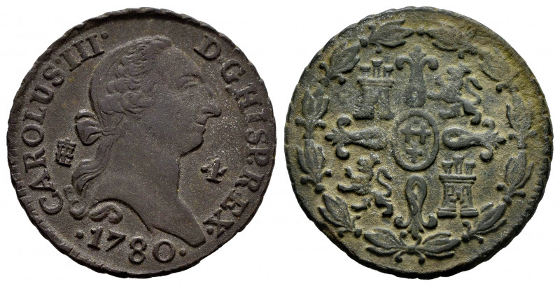 Charles III (1759-1788). 4 maravedis. 1780. Segovia. (Cal-60). Ae. 5,13 g. VF. E...