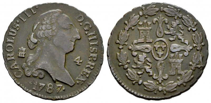 Charles III (1759-1788). 4 maravedis. 1787. Segovia. (Cal-66). Ae. 5,38 g. Almos...