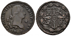 Charles IV (1788-1808). 4 maravedis. 1800. Segovia. (Cal-54 var). Ae. 5,66 g. Variety, smaller size of the digits 0 of the date. Almost VF. Est...35,0...