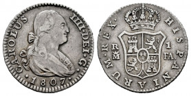 Charles IV (1788-1808). 1 real. 1807. Madrid. FA. (Cal-424). Ag. 2,96 g. VF. Est...50,00. 

Spanish description: Carlos IV (1788-1808). 1 real. 1807...