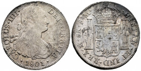Charles IV (1788-1808). 8 reales. 1801. México. FM. (Cal-970). Ag. 26,92 g. Minor oxidations. Choice VF. Est...60,00. 

Spanish description: Carlos ...