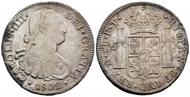 Charles IV (1788-1808). 8 reales. 1802. México. FT. (Cal-975). Ag. 26,88 g. Choice VF. Est...60,00. 

Spanish description: Carlos IV (1788-1808). 8 ...