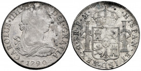Charles IV (1788-1808). 8 reales. 1790. México. FM. (Cal-952). Ag. 26,66 g. Bust of Charles III and ordinal of king IIII. Scarce. VF/Choice VF. Est......