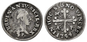 Ferdinand IV of Naples, Infant of Spain. Carlino. 1794. Naples. M/A-P. (Tauler-3876). (Vti-237). (Mir-387/3). Ag. 2,25 g. VF. Est...35,00. 

Spanish...
