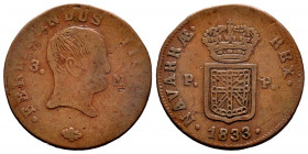 Ferdinand VII (1808-1833). 3 maravedis. 1833. Pamplona. (Cal-53). Ae. 5,01 g. Scarce. F/Choice F. Est...50,00. 

Spanish description: Fernando VII (...