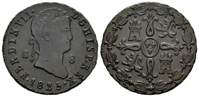 Ferdinand VII (1808-1833). 8 maravedís. 1825. Segovia. (Cal-226). Ae. 10,70 g. Second bust. Almost XF. Est...90,00. 

Spanish description: Fernando ...