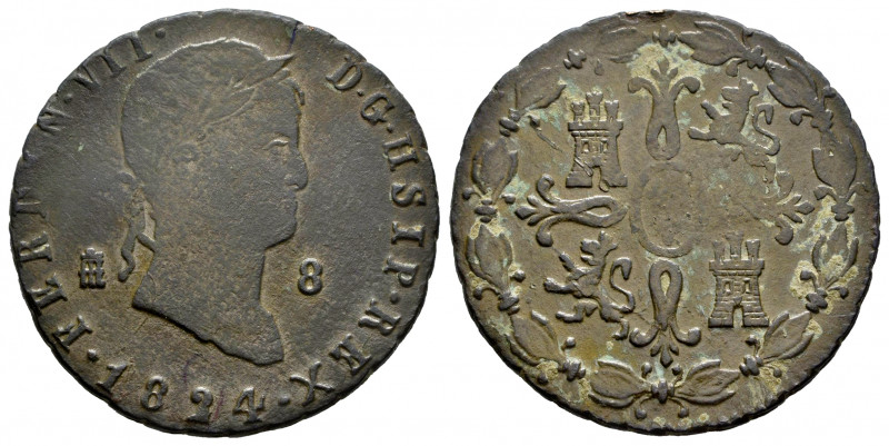 Ferdinand VII (1808-1833). 8 maravedis. 1824. Segovia. (Cal-225). Ae. 11,12 g. H...