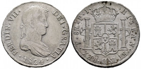 Ferdinand VII (1808-1833). 8 reales. 1824. Potosí. PJ. (Cal-1391). Ag. 26,76 g. Cleaned rust. Choice F/Almost VF. Est...50,00. 

Spanish description...