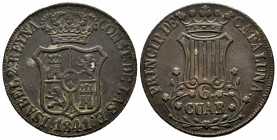 Elizabeth II (1833-1868). 6 quartos. 1841. Barcelona. (Cal-22). Ae. 13,09 g. VF. Est...40,00. 

Spanish description: Isabel II (1833-1868). 6 cuarto...