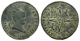 Elizabeth II (1833-1868). 2 maravedis. 1838. Segovia. (Cal-49). Ae. 1,85 g. Almost VF. Est...20,00. 

Spanish description: Isabel II (1833-1868). 2 ...