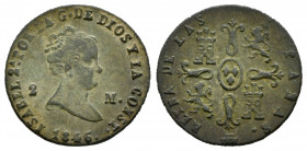 Elizabeth II (1833-1868). 2 maravedis. 1846. Segovia. (Cal-58). Ae. 2,04 g. VF. Est...20,00. 

Spanish description: Isabel II (1833-1868). 2 maraved...