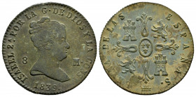 Elizabeth II (1833-1868). 8 maravedis. 1839. Segovia. (Cal-125). Ae. 9,11 g. Minor nick. Almost VF/VF. Est...25,00. 

Spanish description: Isabel II...