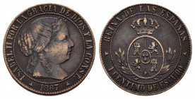 Elizabeth II (1833-1868). 1 centimo de escudo. 1867. Segovia. Without OM. (Cal-225). Ae. 2,56 g. Almost VF. Est...35,00. 

Spanish description: Isab...