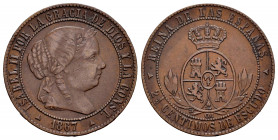 Elizabeth II (1833-1868). 2 1/2 centimos de escudo. 1867. Jubia. OM. (Cal-236). Ae. 6,27 g. Choice VF. Est...40,00. 

Spanish description: Isabel II...