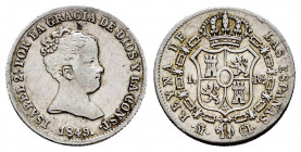 Elizabeth II (1833-1868). 1 real. 1849. Madrid. CL. (Cal-301). Ag. 1,33 g. Choice VF/VF. Est...45,00. 

Spanish description: Isabel II (1833-1868). ...