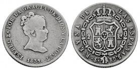 Elizabeth II (1833-1868). 2 reales. 1839. Sevilla. RD. (Cal-381). Ag. 2,97 g. Scarce. F/Choice F. Est...50,00. 

Spanish description: Isabel II (183...