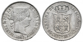 Elizabeth II (1833-1868). 40 centimos de escudo. 1867. Madrid. (Cal-502). Ag. 5,05 g. VF. Est...25,00. 

Spanish description: Isabel II (1833-1868)....