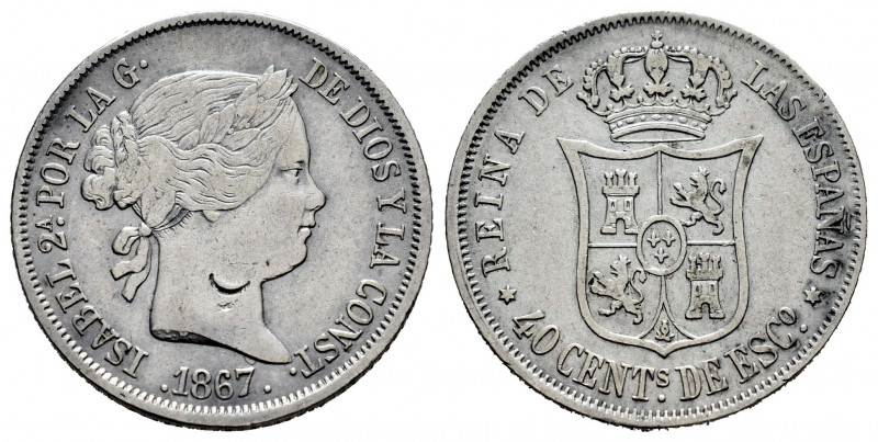 Elizabeth II (1833-1868). 40 centimos de escudo. 1867. Madrid. (Cal-502). Ag. 5,...