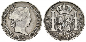 Elizabeth II (1833-1868). 10 reales. 1863. Madrid. (Cal-540). Ag. 12,71 g. Scarce. F/Almost VF. Est...40,00. 

Spanish description: Isabel II (1833-...