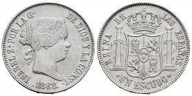 Elizabeth II (1833-1868). 1 escudo. 1868*18-68. Madrid. (Cal-567). Ag. 12,75 g. Choice VF. Est...50,00. 

Spanish description: Isabel II (1833-1868)...