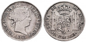 Elizabeth II (1833-1868). 50 centavos. 1868. Manila. (Cal-667). Ag. 12,81 g. Nicks on edge. Choice F. Est...35,00. 

Spanish description: Isabel II ...