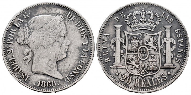 Elizabeth II (1833-1868). 20 reales. 1860. Madrid. (Cal-617). Ag. 25,66 g. Scrat...