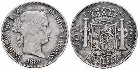 Elizabeth II (1833-1868). 20 reales. 1860. Madrid. (Cal-617). Ag. 25,66 g. Scratches and knocks on edge. Almost VF. Est...50,00. 

Spanish descripti...