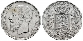 Belgium. Leopold II. 5 francs. 1868. (Km-24). Ag. 24,85 g. Knock on edge. Cleaned. Choice VF. Est...25,00. 

Spanish description: Bélgica. Leopold I...