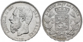 Belgium. Leopold II. 5 francs. 1869. (Km-24). Ag. 24,99 g. Minor nick on edge. Almost XF/XF. Est...40,00. 

Spanish description: Bélgica. Leopold II...