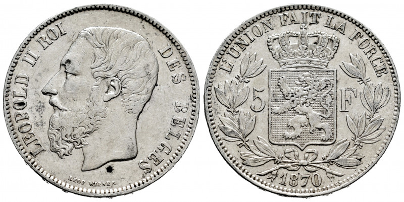 Belgium. Leopold II. 5 francs. 1870. (Km-24). Ag. 24,85 g. Cleaned. Almost VF/Ch...