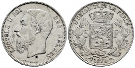 Belgium. Leopold II. 5 francs. 1870. (Km-24). Ag. 24,85 g. Cleaned. Almost VF/Choice VF. Est...25,00. 

Spanish description: Bélgica. Leopold II. 5 ...